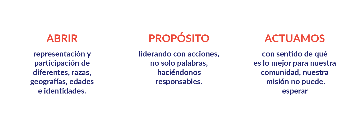 Ilustración que representa nuestros principios guías: Abrir, representación y participación de diferentes, razas, geografías, edades e identidades. Propósito, liderando con acciones, no solo palabras, haciéndonos responsables. Actuamos con sentido de qué es lo mejor para nuestra comunidad, nuestra misión no puede esperar.